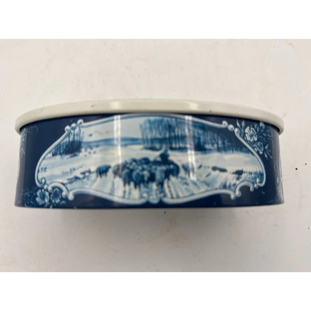 Droste Haarlem Holland Vintage Oval Metal Tin Blue White Nautical Sailing Ship